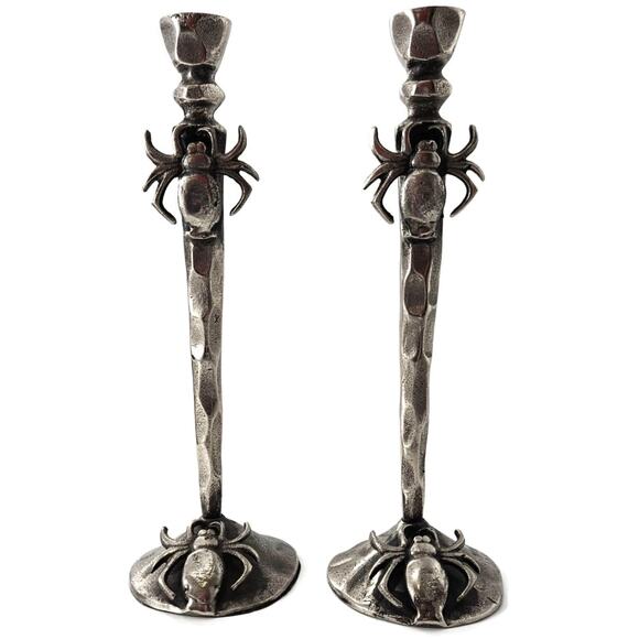 Gothic Halloween Spider Candle Holder Pair Black Metal Spooky Taper Candle Decor - Picture 1 of 12
